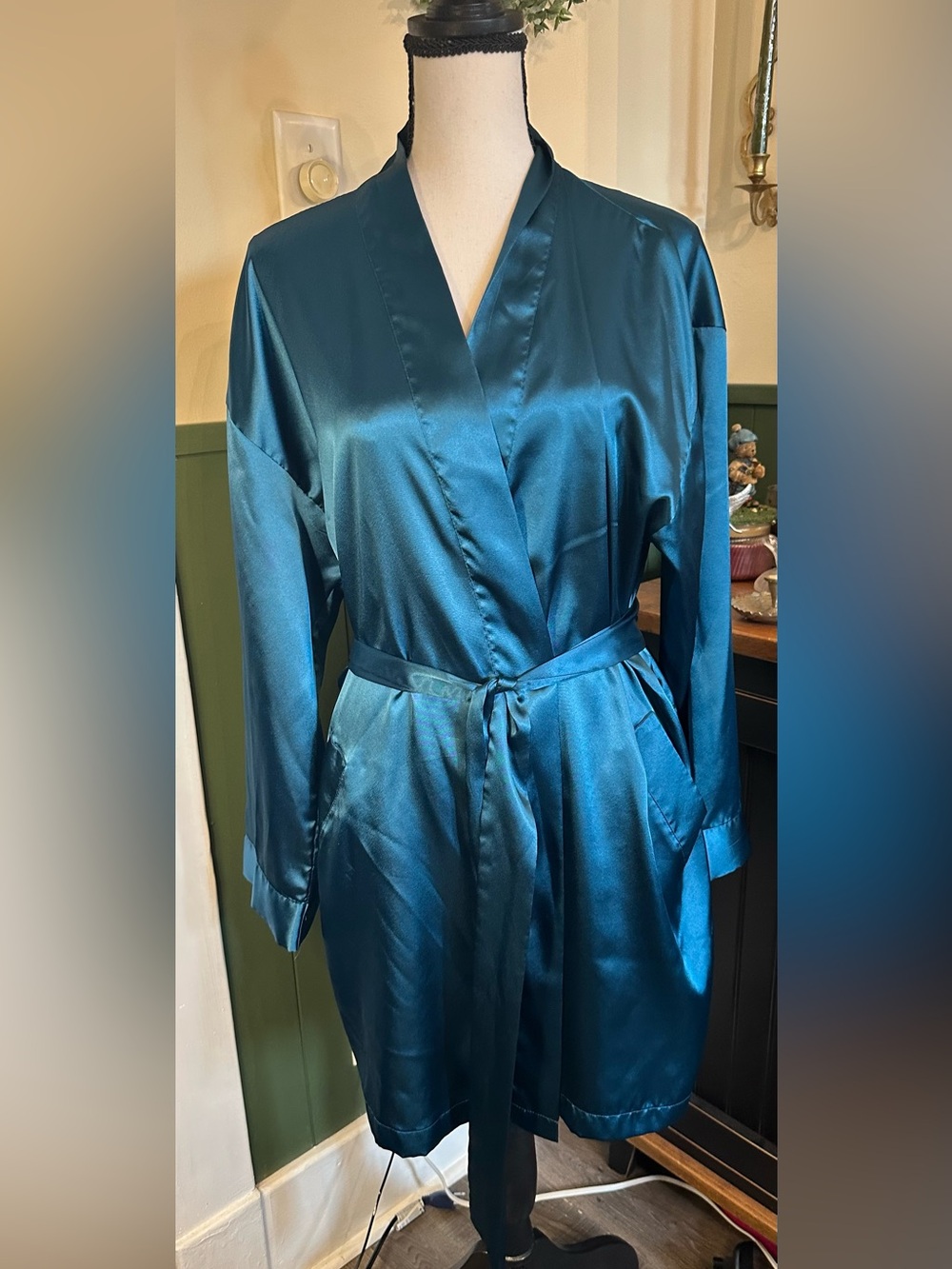 Victoria's Secret Short Robe Kimono One Sz Teal Satin Belted Lingerie